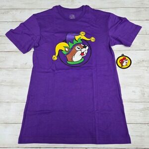 Buc-ee's T-Shirt Unisex Small Purple Mardi Gras Jester Card Glitter Short Sleeve